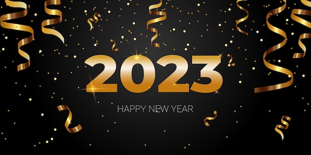 Horizontal black New Year background Golden numbers 2023 golden streamer confetti Holiday backdrop template Vector illustration