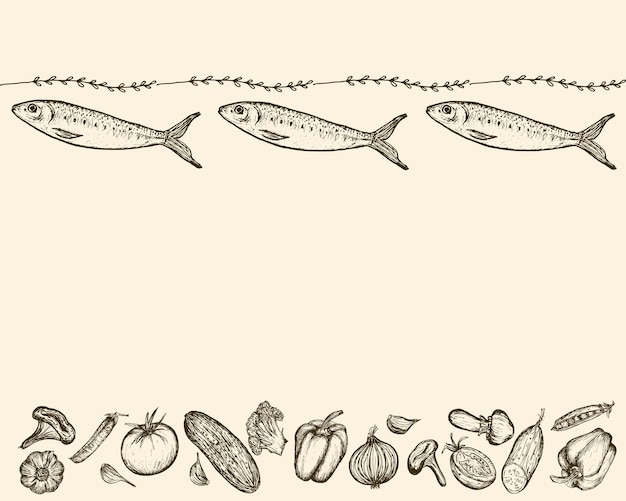 Horizontal border of Vegetables and fishes sketch with delicate Floral border Handdrawn Harvest on beige background Vector illustration