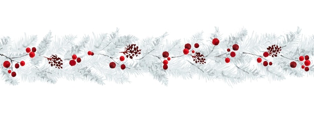 Horizontal border with pine branches and berry on white background. Suitable for decorative in Christmas festival, header design, cover, greeting cards, or invitations.