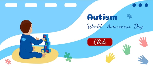 Vector horizontal border world autism awareness day vector banner baby play with blocks letters autism