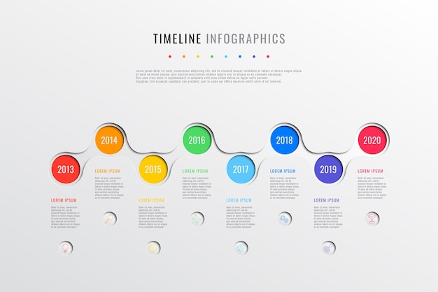 horizontal business timeline with 8 round elements year indication and text boxes on white