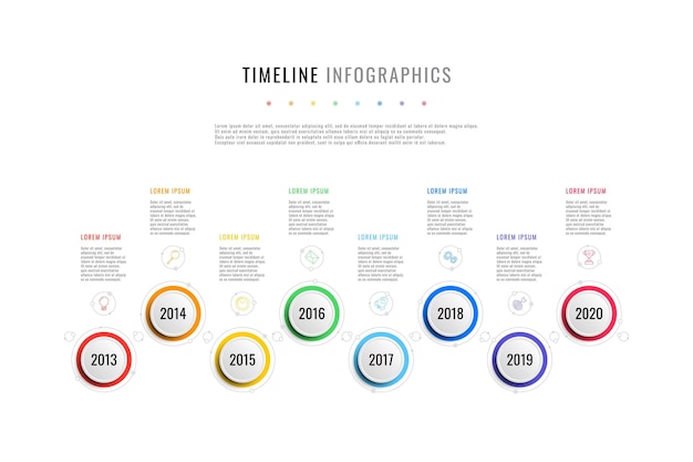 horizontal business timeline with 8 round elements, year indication and text boxes