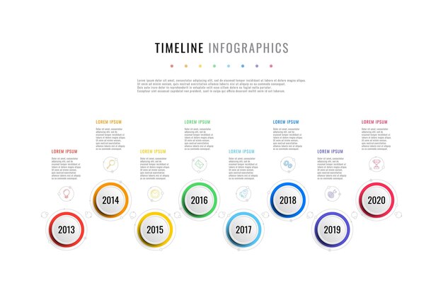 Vector horizontal business timeline with 8 round elements, year indication and text boxes