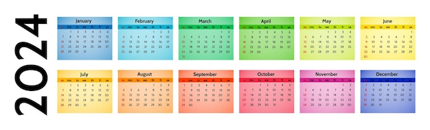 Horizontal calendar for 2024 isolated on a white background Sunday to Monday business template Vector illustration