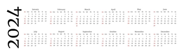 Horizontal calendar for 2024 isolated on a white background Sunday to Monday business template Vector illustration