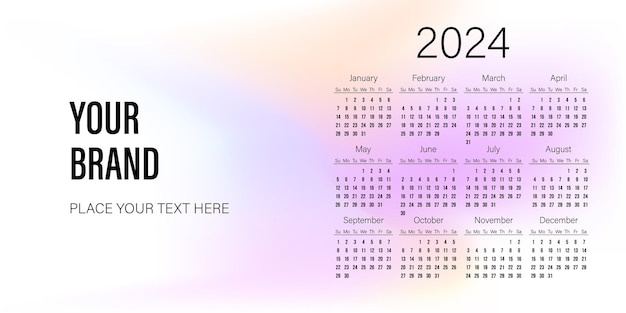 Horizontal calendar 2024 template design on light colorful background for your brand project