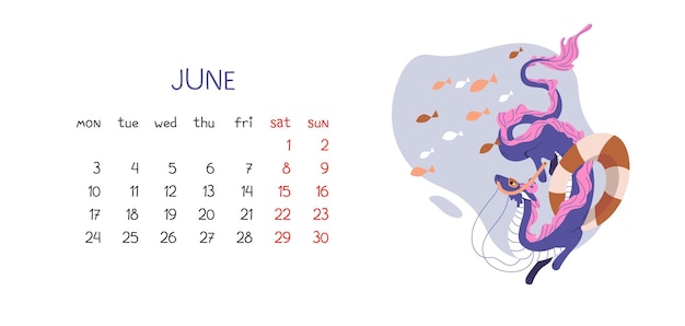 Horizontal calendar for for month of june with chinese dragon monthly vector illustration