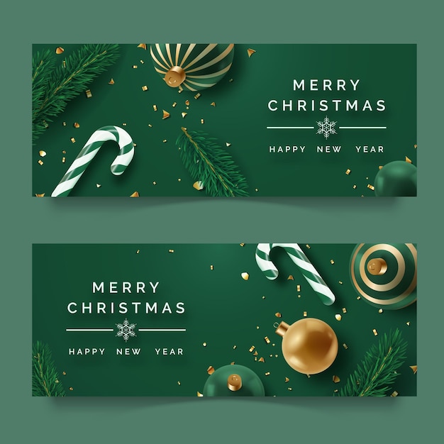 Horizontal Christmas banners with realistic decor Christmas balls candies fir brunches and confetti