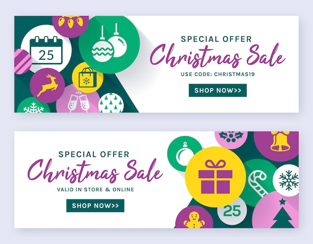 Horizontal Christmas sale banner templates for web discounts and online shopping offers