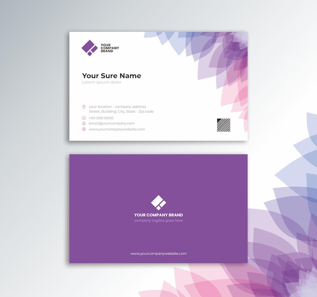 Vector horizontal doublesided business card template with purple flower petals on a green background