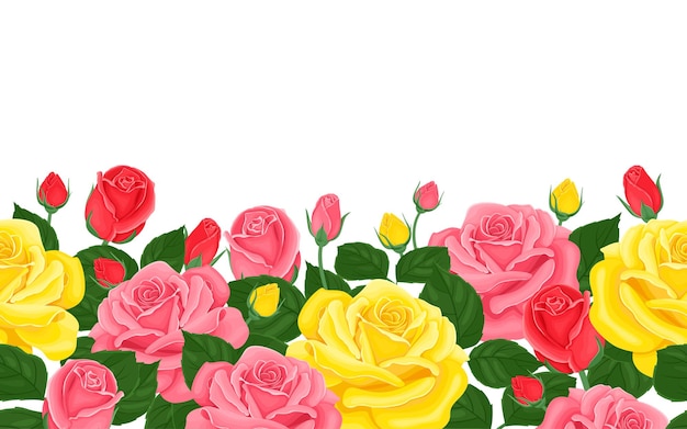 Horizontal floral seamless border with yellow, pink and red roses flowers.