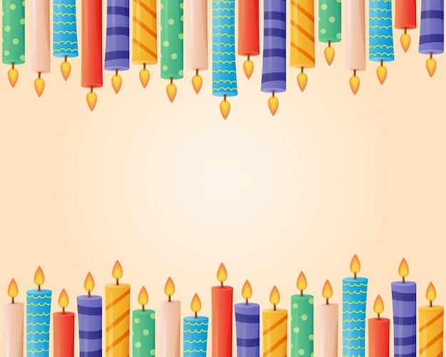 Horizontal Frame of festive colorful wax candles with fire Vector cartoon gift background or banner