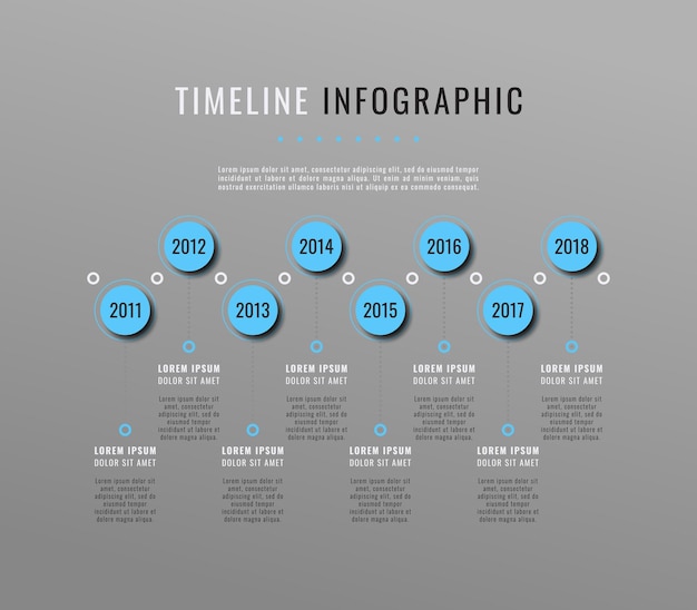 Horizontal gray business infographic timeline template with light blue round elements and textboxes