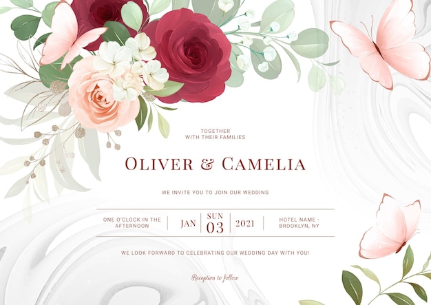 Horizontal greenery wedding invitation card template set