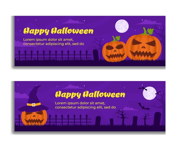 Horizontal Halloween Banners. 2 choices of options, illustrated by a pumpkin and a witchs pumpkin.