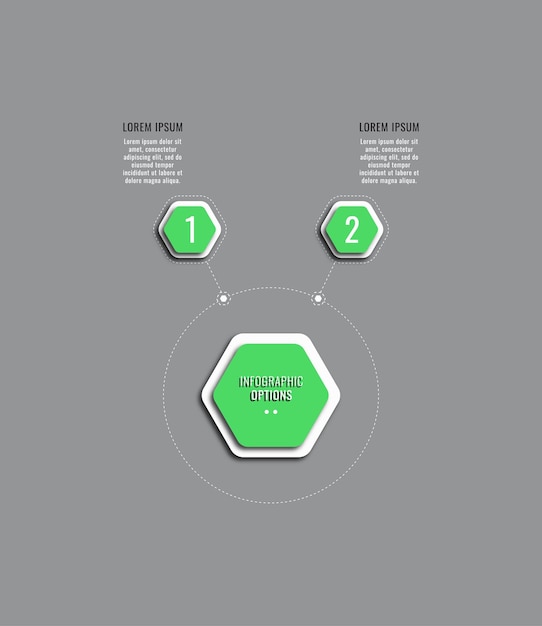 Horizontal infographic template with two green hexagonal steps on a grey background