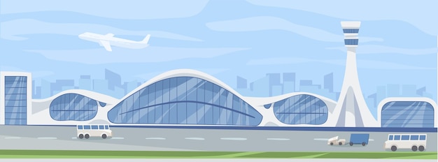 Horizontal landscape with modern airport building, transfer buses, special transport and taking off airplane in sky. Colored flat cartoon vector illustration of air station, runway and plane.