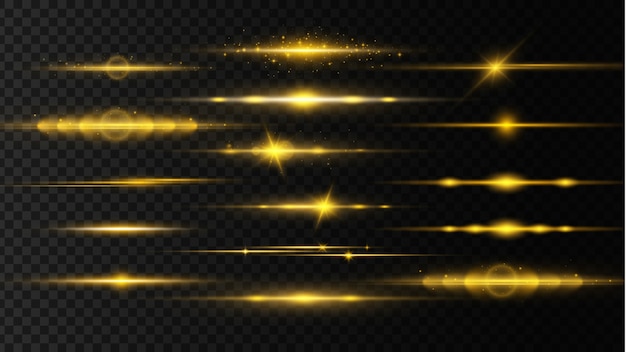 horizontal lens flares pack, laser beams. Light rays. Glow line on transparent background.