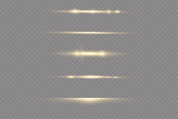 Horizontal light rays. Glow transparent vector light effect set, spark, solar flare