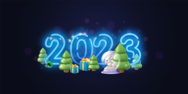 Horizontal new year and christmas banner neon realistic d elements a christmas ball with a rabbit c