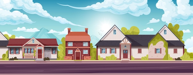 Horizontal panorama of suburban houses of holiday village with a shining sky in the flat illustration