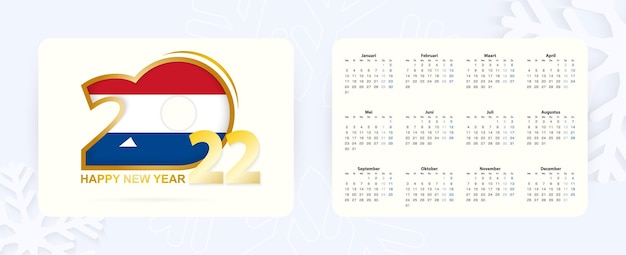 Horizontal Pocket Calendar 2022 in Dutch language. New Year 2022 icon with flag of Netherlands.