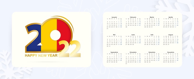 Horizontal Pocket Calendar 2022 in Romanian language. New Year 2022 icon with flag of Romania.