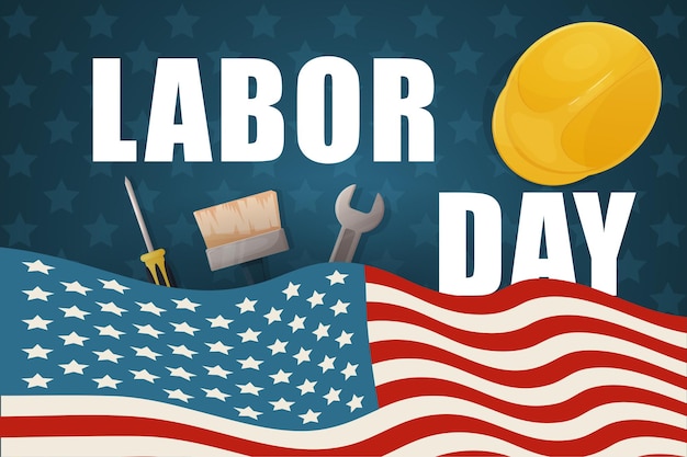 Horizontal poster blue Happy Labor Day banner with American flag and construction tools