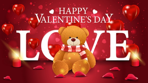 Horizontal red Valentine's day greeting card with Teddy bear