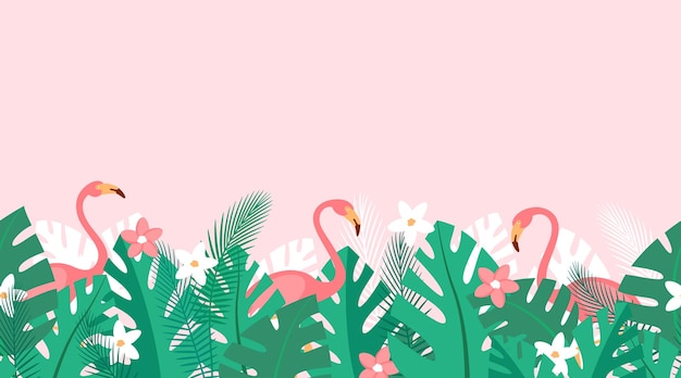 Vector horizontal repeated pattern with tropical plants flowers and pink flamingos summer background