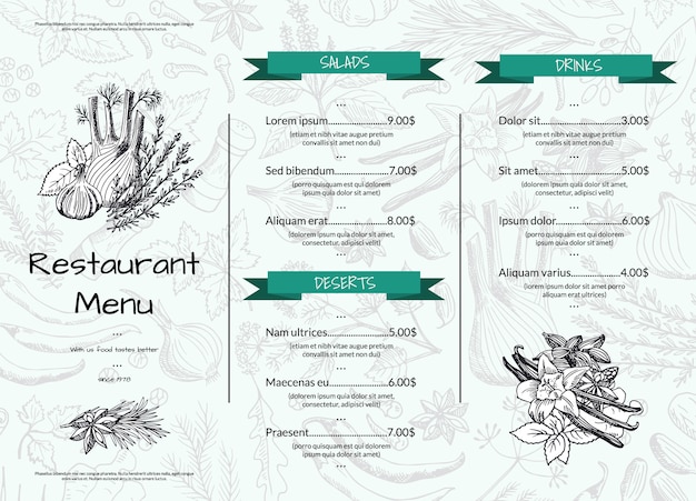   horizontal restaurant or cafe menu template with hand drawn herbs and spices  