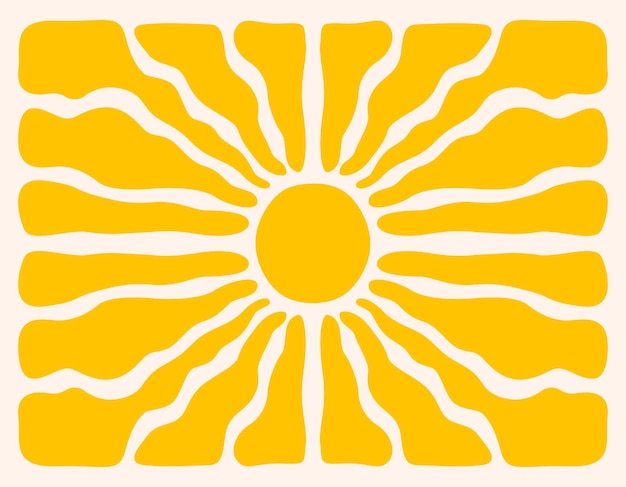 Horizontal retro groovy background with bright sunburst in style 60s 70s