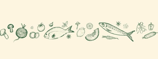 Vector horizontal seamless banner of vegetables set and fishes food sketch hand drawn illustration harvesting healthy food proper nutrition