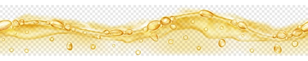 Horizontal seamless banner with horizontally repeated translucent water wave in yellow colors with air bubbles and drops, isolated on transparent background. Transparency only in vector file