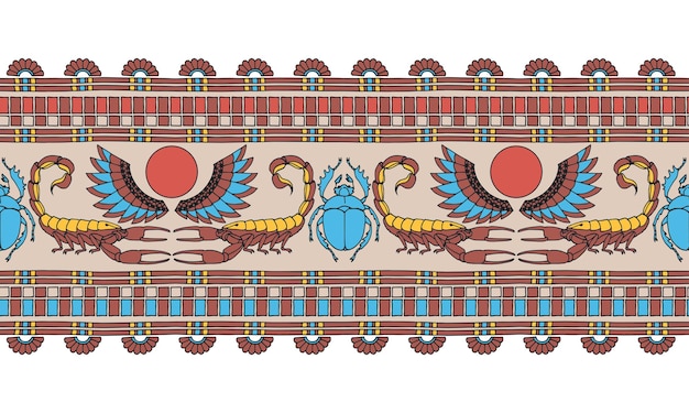 Vector horizontal seamless pattern ancient egyptian decorative ornament with scorpions and scarabs