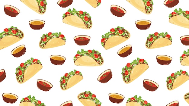 Horizontal seamless pattern with Mexican food Tacos with sauces Latin American food on white