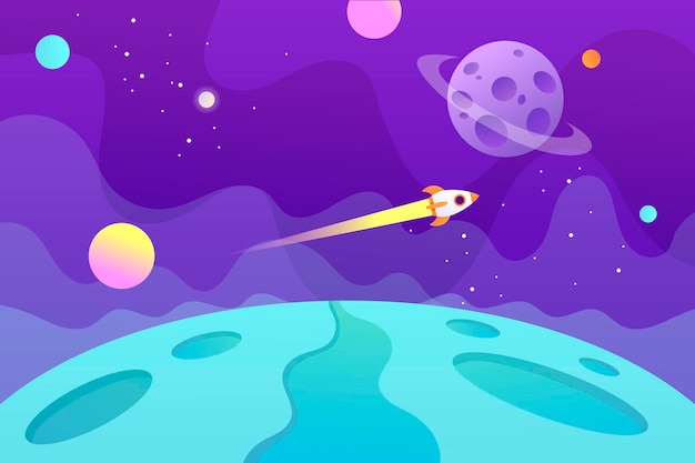 Horizontal space background with flying spaceship and planets.  Web design. Space exploring childish cartoon.