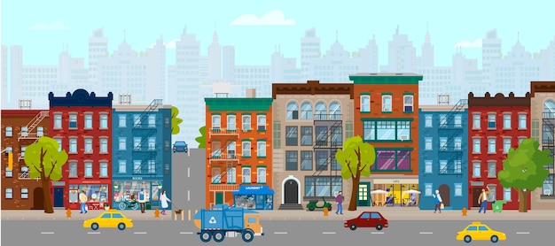 Horizontal summer city panorama with houses, shops, people, cars, scycrapers at the background. City street.  Flat illustration.