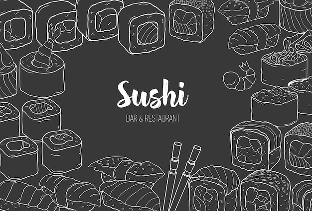 Horizontal template with contour frame consisted of various types of Japanese sushi and rolls on black background.