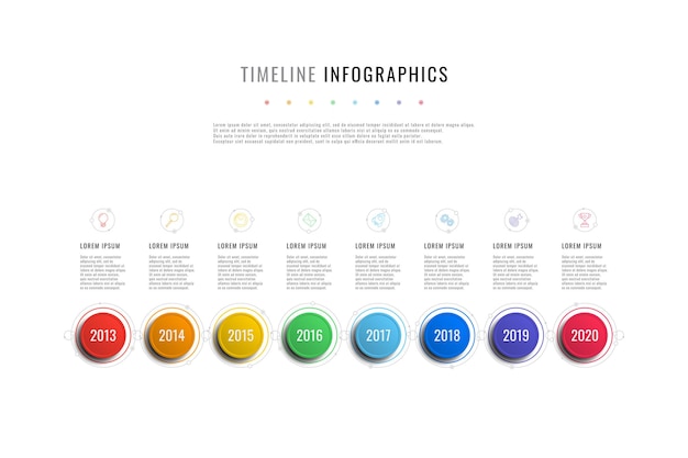 horizontal timeline infographic with round elements year indicators and textboxes on a white