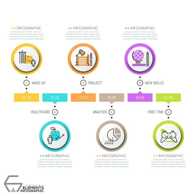 Horizontal timeline,  round elements with thin line icons