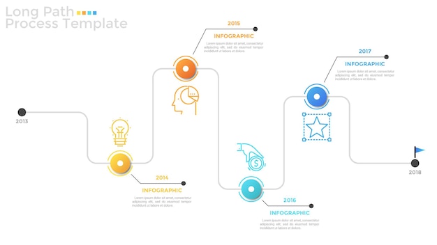 Horizontal timeline with thin line symbols, year indication and place for text. Concept of story of company development or long path process. Simple infographic design template. Vector illustration.