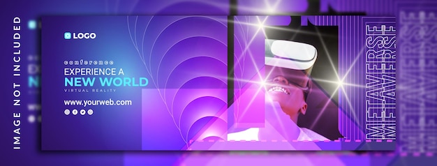 Horizontal vertical abstract and neon light effect with gradient virtual reality metaverse conference concept twitch banner design for facebook cover with smiling man photo