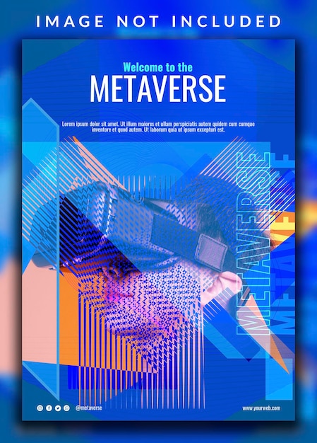 Horizontal vertical modern introduction of future virtual reality metaverse flyer design with a man photo