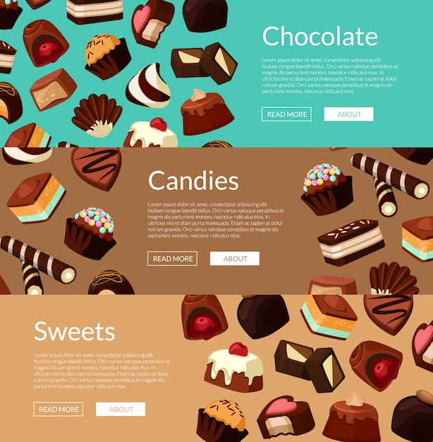 Vector  horizontal web banner set and poster  with cartoon chocolate candies