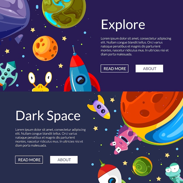 horizontal web banners template illustration with cartoon space planets and ships