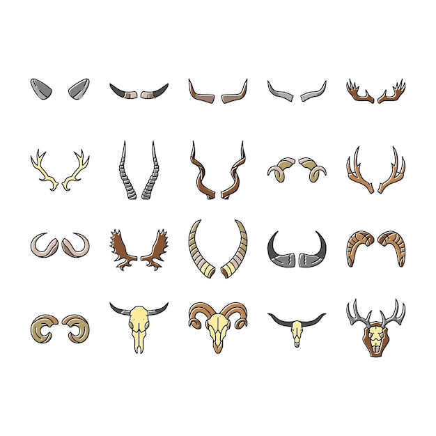 Horn animal wildlife nature icons set vector