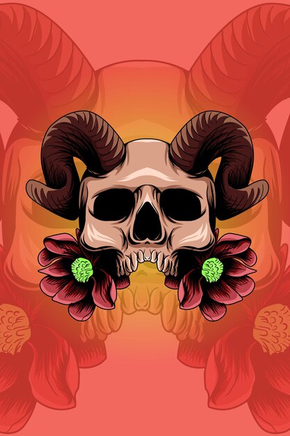 Horned skull with flowers vector illustration