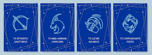 Vector horoscope signs postcard with linear glyph icon set. astrology. greeting card with decorative vector design. simple style poster with creative lineart illustration. flyer with holiday wish