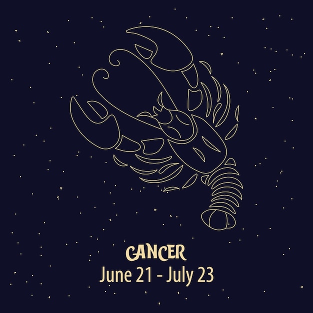 Horoscope, zodiac sign Cancer, golden design on a blue starry background. Illustration, vector